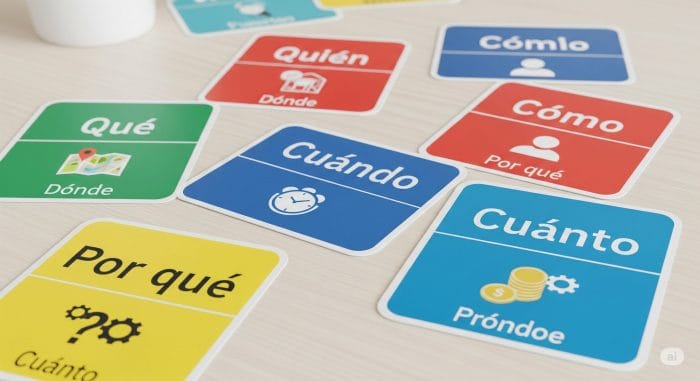 カラフルなチョークで黒板に書かれたスペイン語の主要な疑問詞(Qué, Quién, Cómoなど)と簡単な例文のイラスト