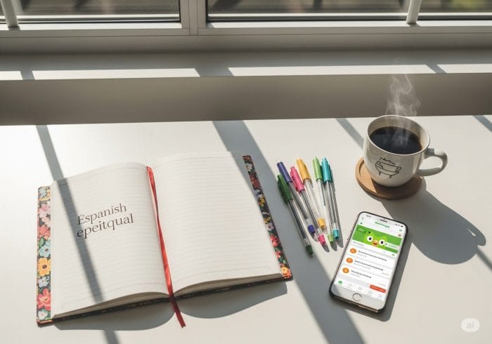 スペイン語の学習ツールと快適な学習環境を示すフラットレイ写真