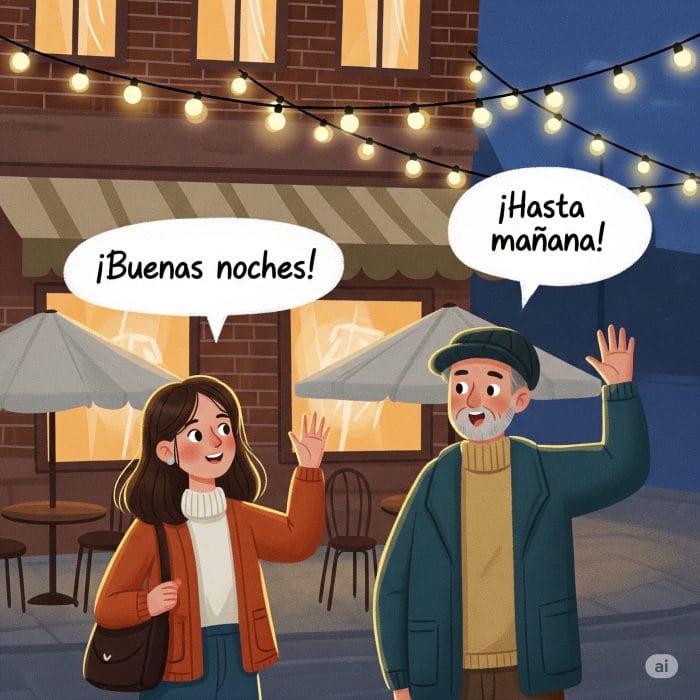 夜のカフェで別れの挨拶をする友人たち