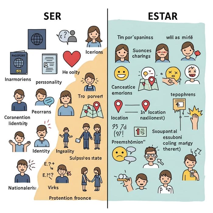 「ser」と「estar」の使い分けを示すベン図または比較図