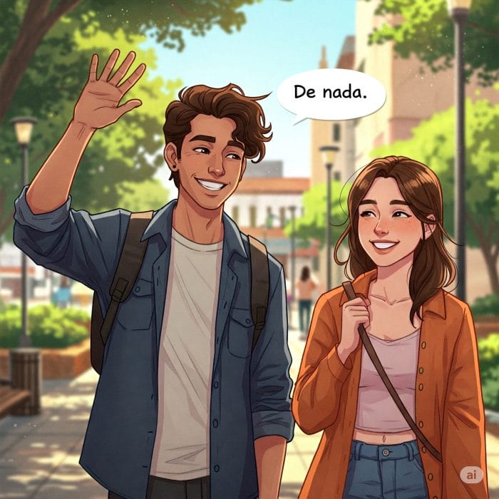 二人の友人が笑顔で「De nada」と言い合っている親しみやすいイラスト。感謝の連鎖が生まれている。