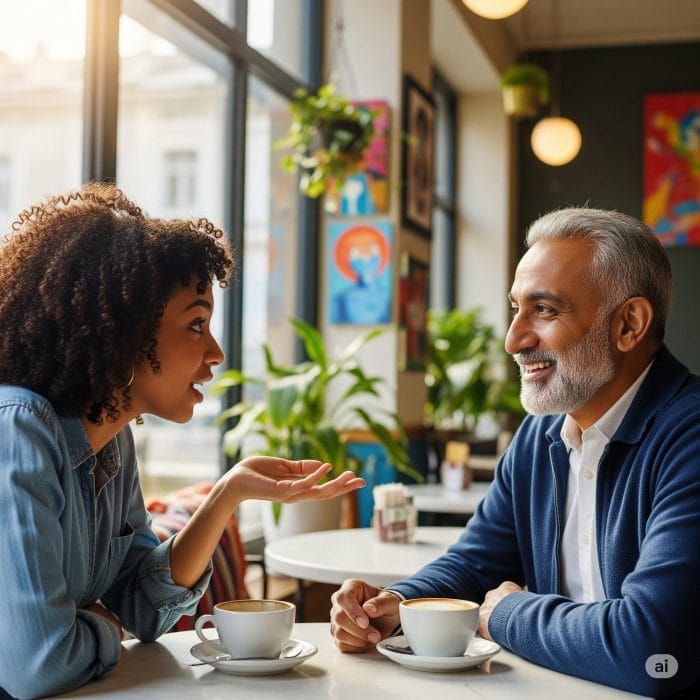 カフェで楽しそうにスペイン語で会話する2人の人物