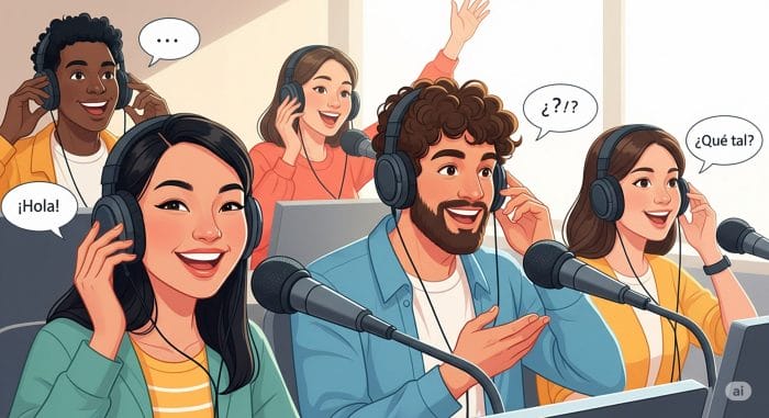 ヘッドフォンでスペイン語のリスニング学習をしている人のイラスト