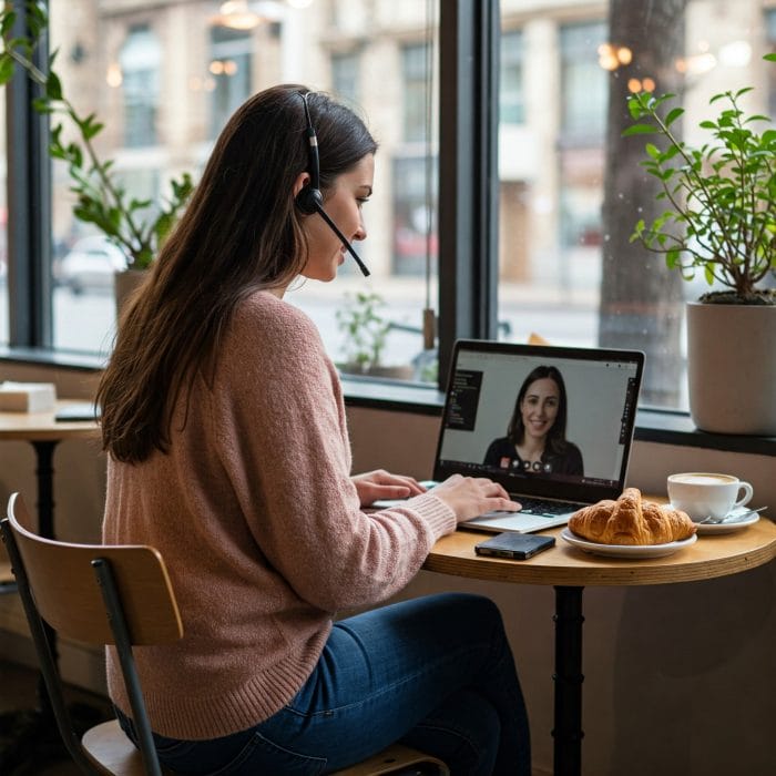 カフェでおしゃれにオンラインスペイン語レッスンを受けている女性
