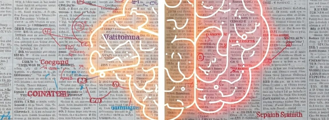 分割画像には、手書きのメモが書かれた辞書のページが表示され、右半分には光る脳のイラストが重ねて表示されます。.