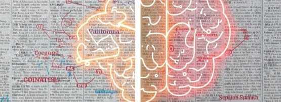 分割画像には、手書きのメモが書かれた辞書のページが表示され、右半分には光る脳のイラストが重ねて表示されます。.