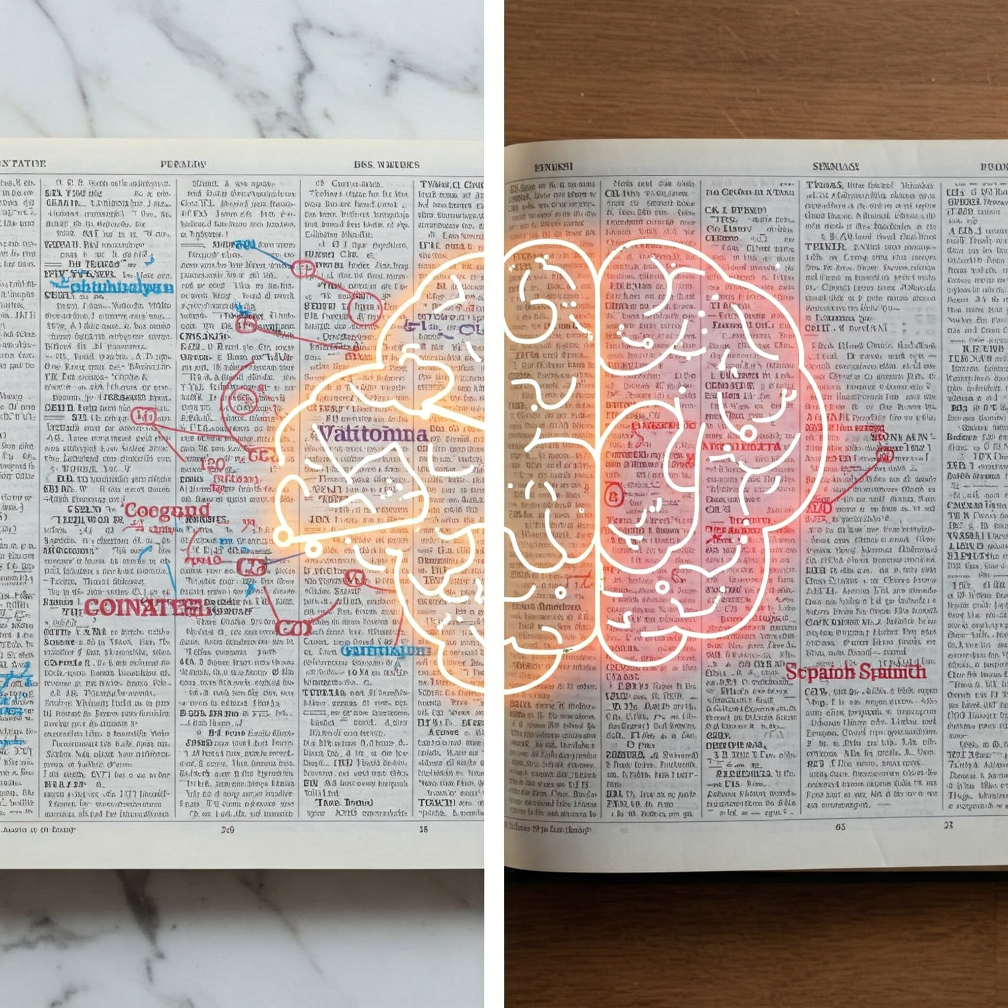 分割画像には、手書きのメモが書かれた辞書のページが表示され、右半分には光る脳のイラストが重ねて表示されます。.