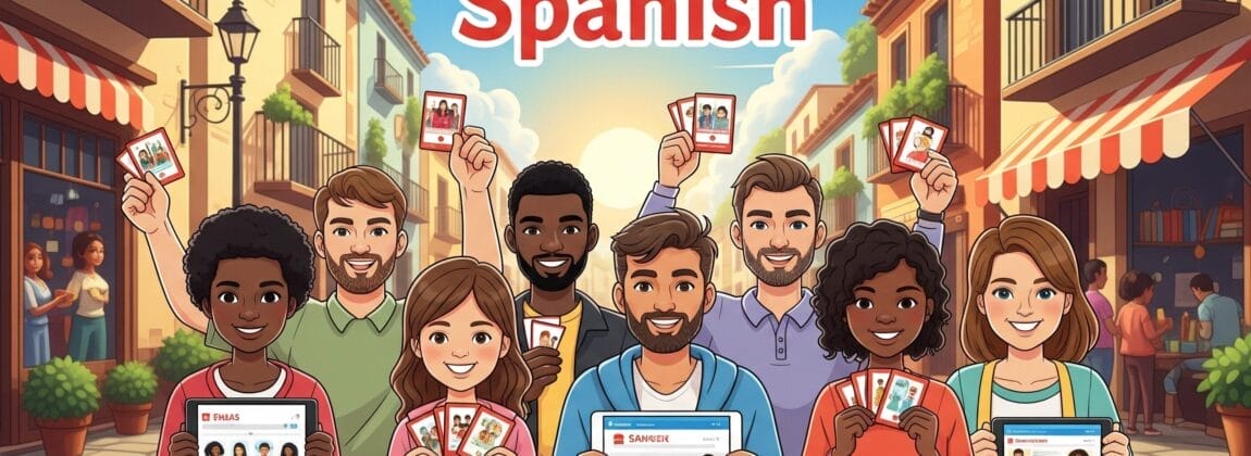 さまざまな人々が屋外に立ち、フラッシュカードやタブレットなど、上部に「スペイン語」と書かれたスペイン語学習教材を持っています。.