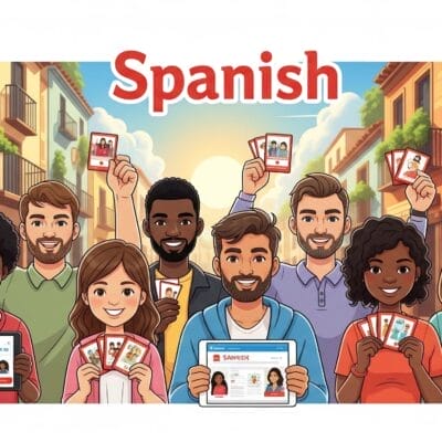 さまざまな人々が屋外に立ち、フラッシュカードやタブレットなど、上部に「スペイン語」と書かれたスペイン語学習教材を持っています。.