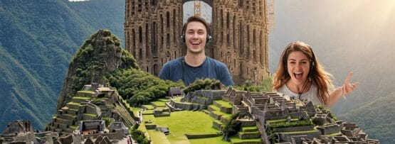 ノートパソコンには、サグラダ・ファミリアやマチュピチュなどのランドマークと合成された人々の顔の編集画像が表示され、仮想世界と現実世界の旅行シーンが融合しています。.