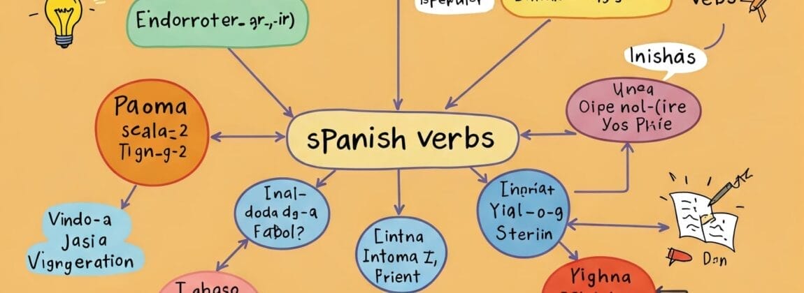 カラフルなフローチャートには、スペイン語の動詞の種類が矢印と手書きのテキストの例とともに、規則動詞、不規則動詞、その他のサブカテゴリに分類されて表示されます。. カラフルなフローチャートには、スペイン語の動詞の種類が矢印と手書きのテキストの例とともに、規則動詞、不規則動詞、その他のサブカテゴリに分類されて表示されます。.