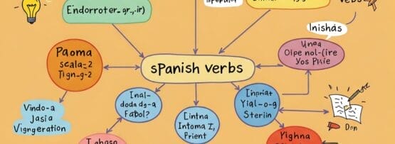 カラフルなフローチャートには、スペイン語の動詞の種類が矢印と手書きのテキストの例とともに、規則動詞、不規則動詞、その他のサブカテゴリに分類されて表示されます。.