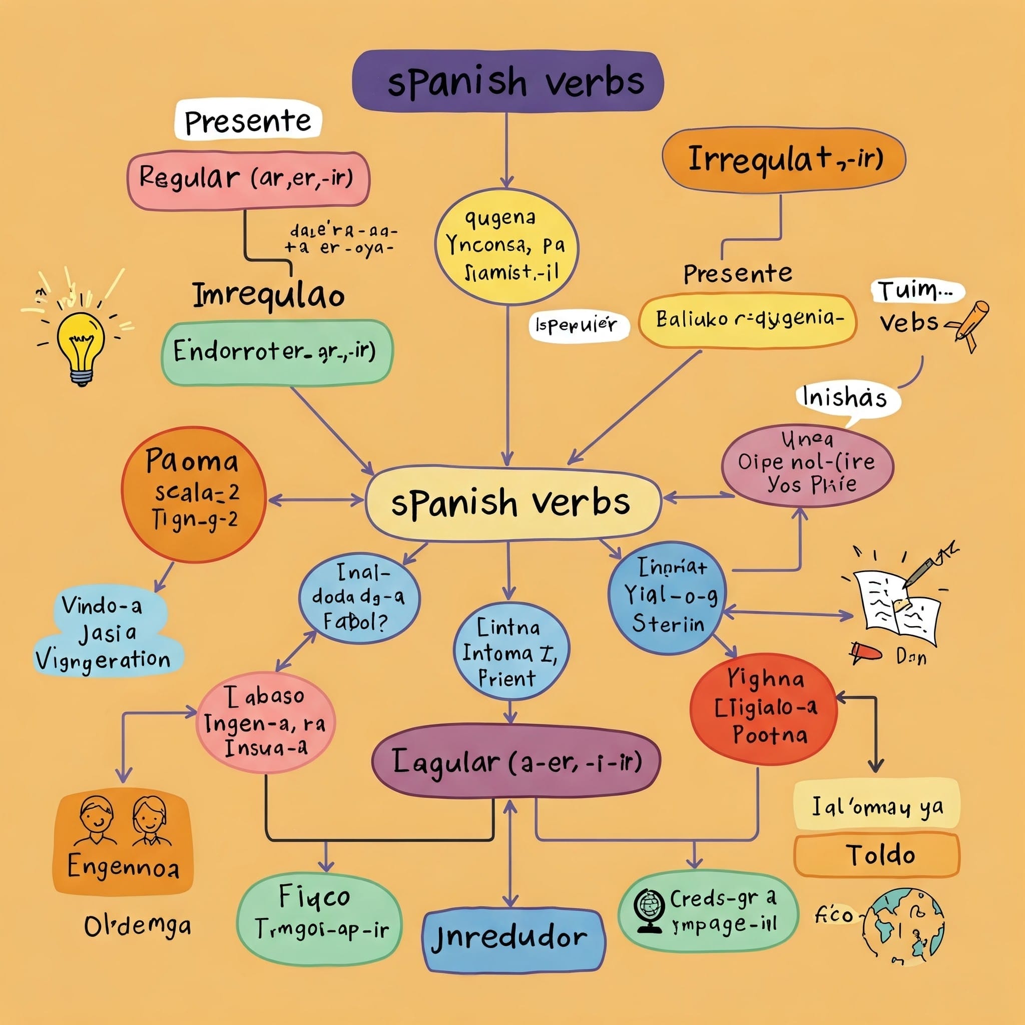 カラフルなフローチャートには、スペイン語の動詞の種類が矢印と手書きのテキストの例とともに、規則動詞、不規則動詞、その他のサブカテゴリに分類されて表示されます。.