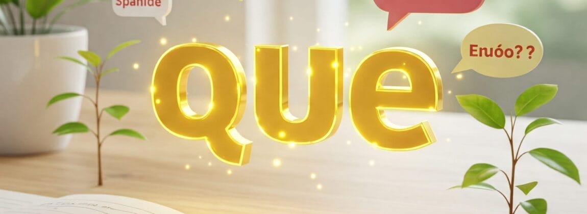 3D の金色の単語「que」が、開いたノート、ペン、小さな植物、スペイン語のフレーズが書かれたカラフルな吹き出しが置かれた机の上に浮かんでいます。.