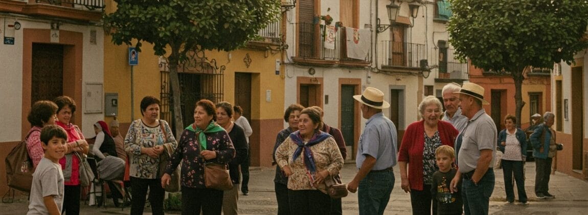 スペインの村の広場で、色とりどりの建物や木々に囲まれた人々が立ち話をしている。その下部には「¡Gracias por todo!(皆さん、ありがとう!)」と書かれている。.