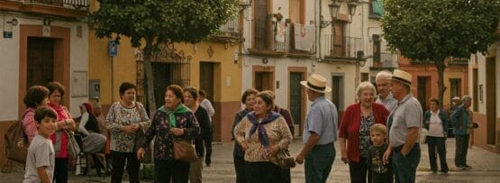 スペインの村の広場で、色とりどりの建物や木々に囲まれた人々が立ち話をしている。その下部には「¡Gracias por todo!（皆さん、ありがとう！）」と書かれている。.