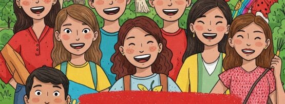 スペインのランドマークと山の前に、笑顔の人々が立ち、「Spanish（スペイン）」と書かれた赤い看板を持っています。背景の右側にはフラメンコダンサーがいます。.