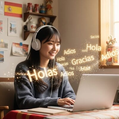 ヘッドフォンを着けた女性が、スペインをテーマにした装飾に囲まれた机の前にノートパソコンを持って座り、周囲にはスペイン語の挨拶やフレーズがデジタルで表示されている。.
