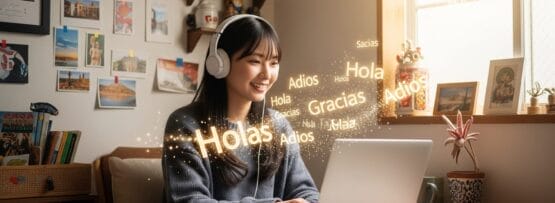 ヘッドフォンを着けた女性が、スペインをテーマにした装飾に囲まれた机の前にノートパソコンを持って座り、周囲にはスペイン語の挨拶やフレーズがデジタルで表示されている。.