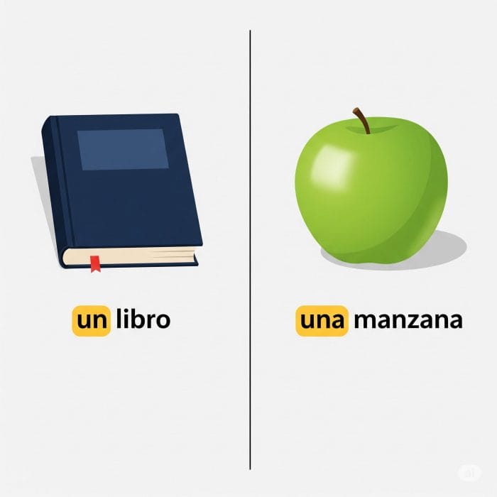 スペイン語の数詞 un と una の違いを本とリンゴで説明するイラスト