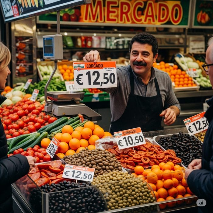 スペインの市場で店員が客に大きな数字の書かれた値札を見せている