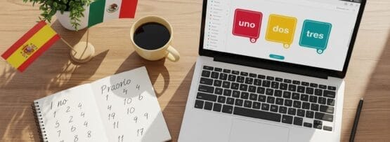 木製の机の上には、スペイン語の数字が表示されたノートパソコン、数字が書かれたノート、コーヒーカップ、スペインとメキシコの国旗。.