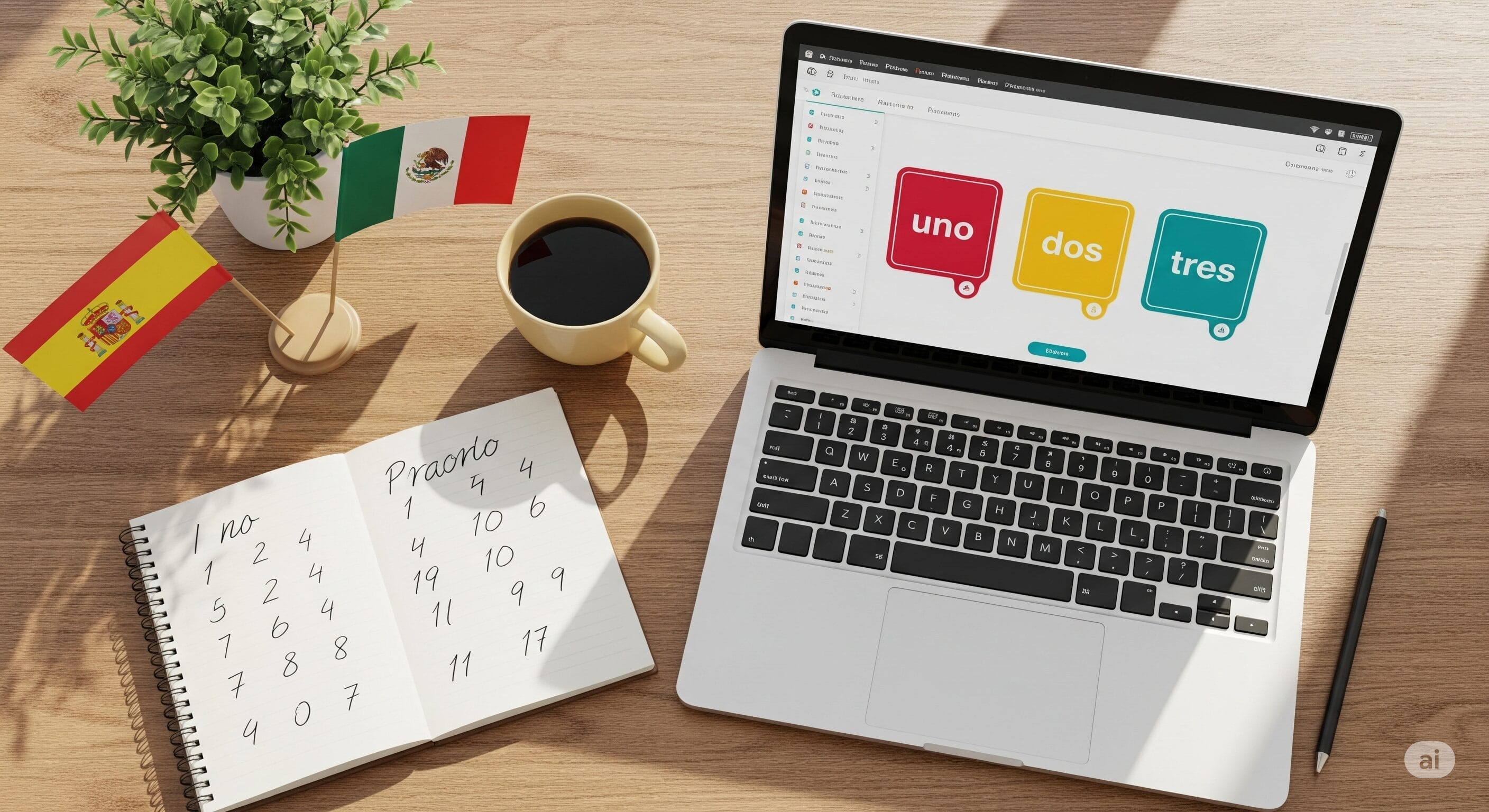 木製の机の上には、スペイン語の数字が表示されたノートパソコン、数字が書かれたノート、コーヒーカップ、スペインとメキシコの国旗。.