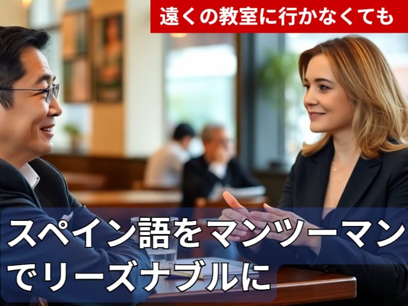 テーブルで向かい合って座り、会話を交わす男女。日本語のテキストは、遠くの教室に通うことなく、手頃な料金でスペイン語のマンツーマンレッスンが受けられることをアピールしている。.
